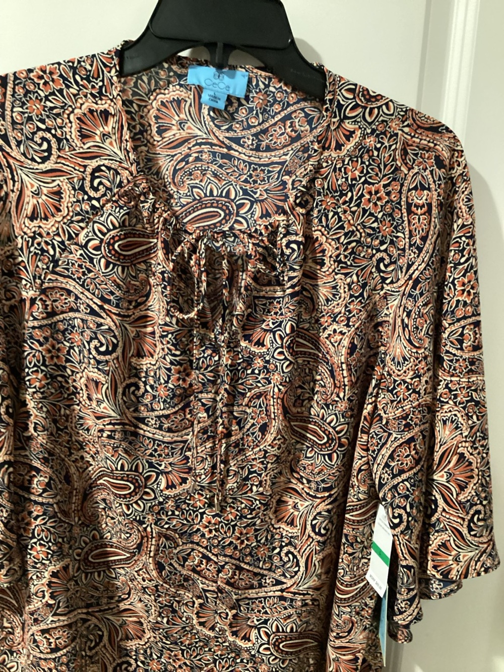 CeCe Paisley V-Neck Blouse in Blue and Tan